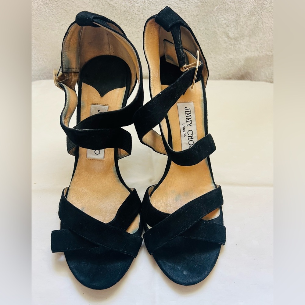 Black suede JIMMY CHOO Lottie crisscross high heels